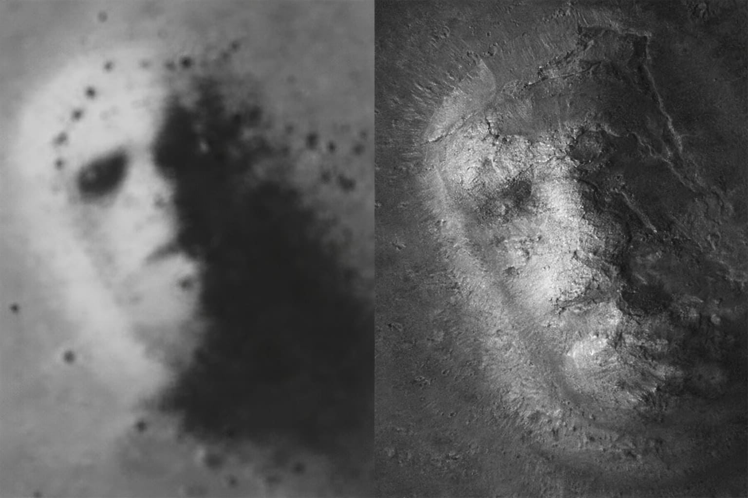 La famosa 'cara de Marte': a la izquierda la imagen original de baja resolución de la sonda Viking y a la derecha una imagen posterior de mayor resolución que muestra la formación rocosa real